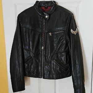 Black Leather Jacket with Embroidered Patch